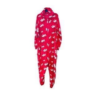 Reindeer Print One Piece PJ Men Size XL Christmas Red Hooded Flannel Drop Seat